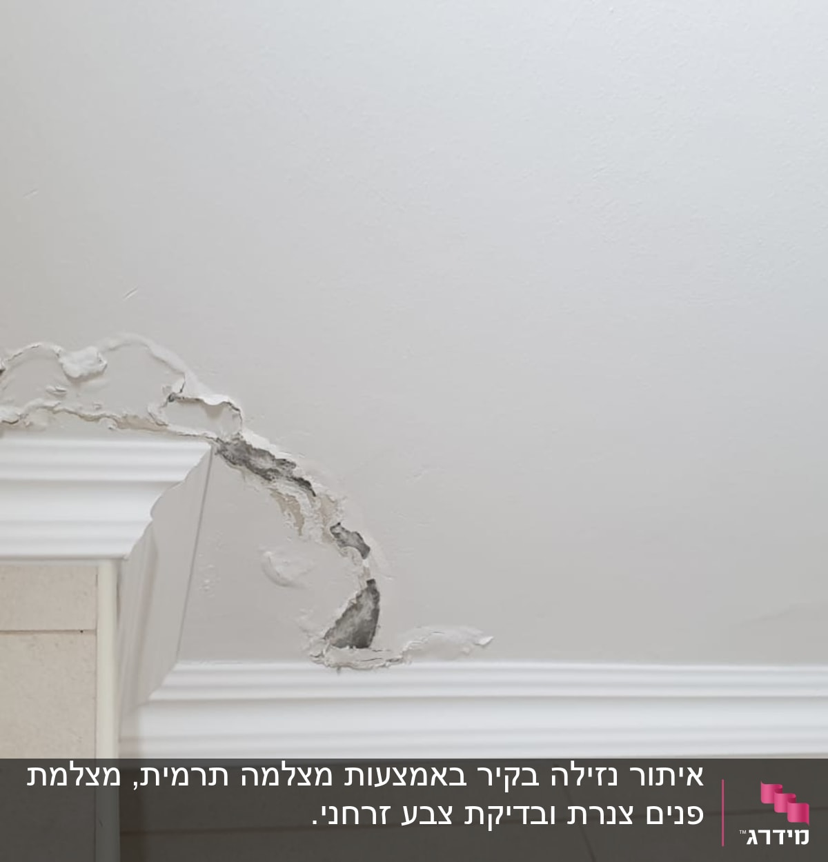 נזקי רטיבות בתקרה עם קילופי צבע